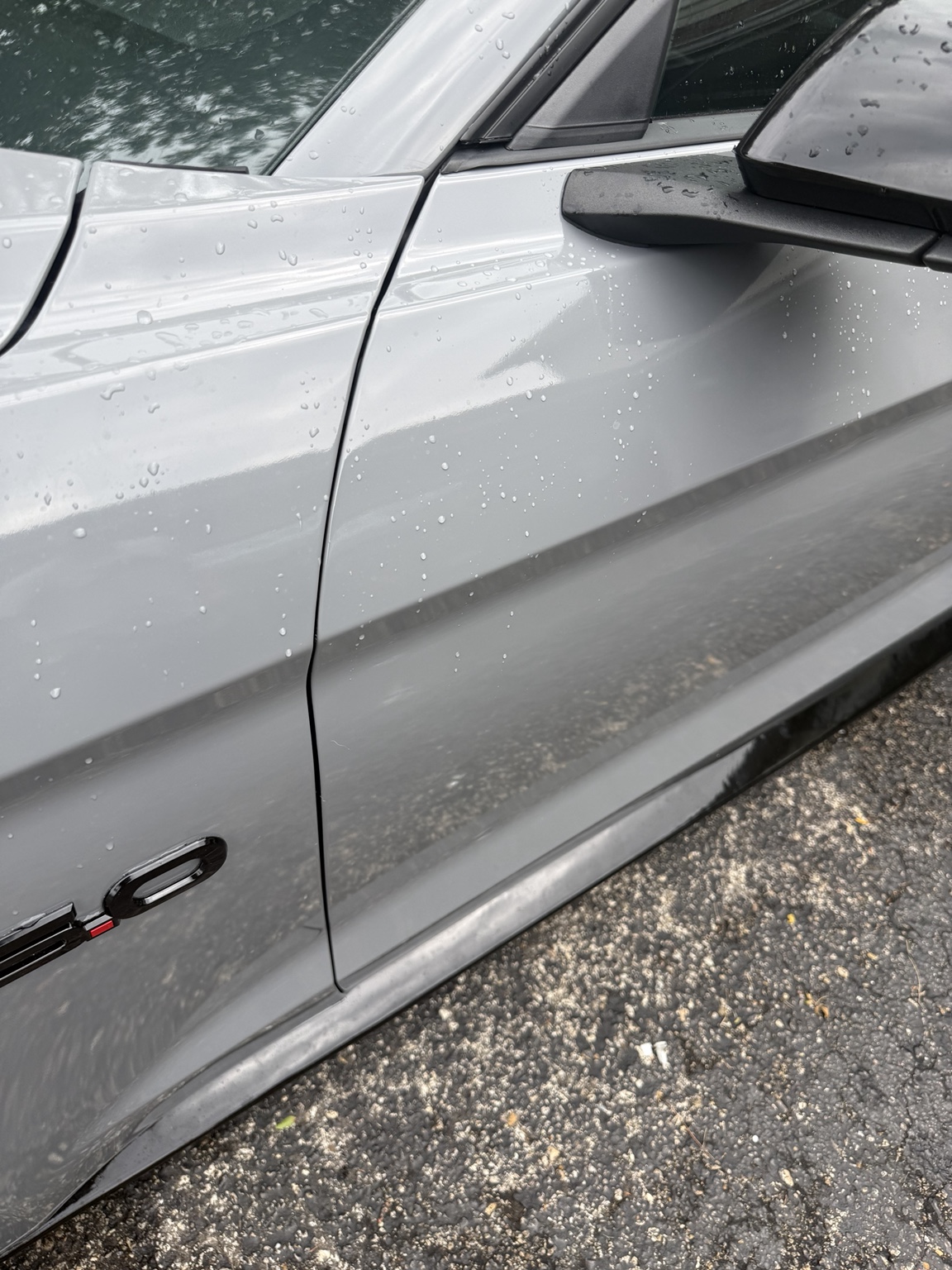 Close-up of the Mustang side and 5.0 badge
